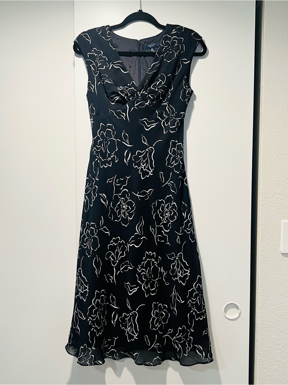 Chaps Black Dress with Ivory Floral Outline and Cowl Neck